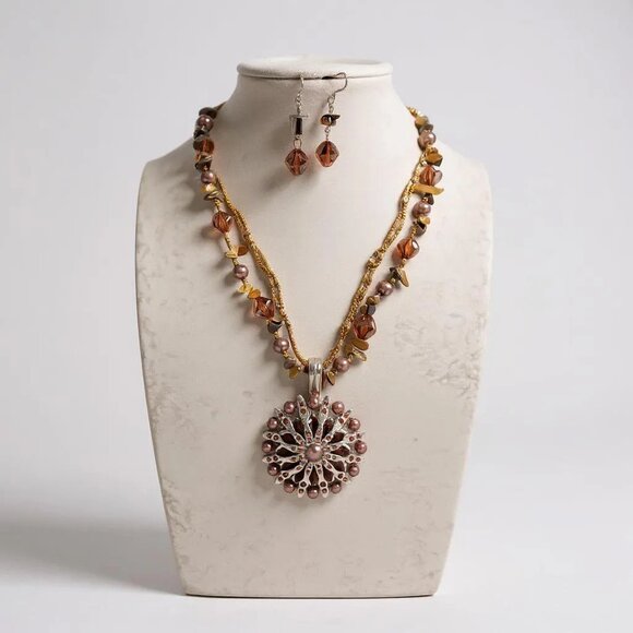 Brown Bead And Crystal On Flower Pendant Three Strand Beaded Necklace Earring - Picture 1 of 2